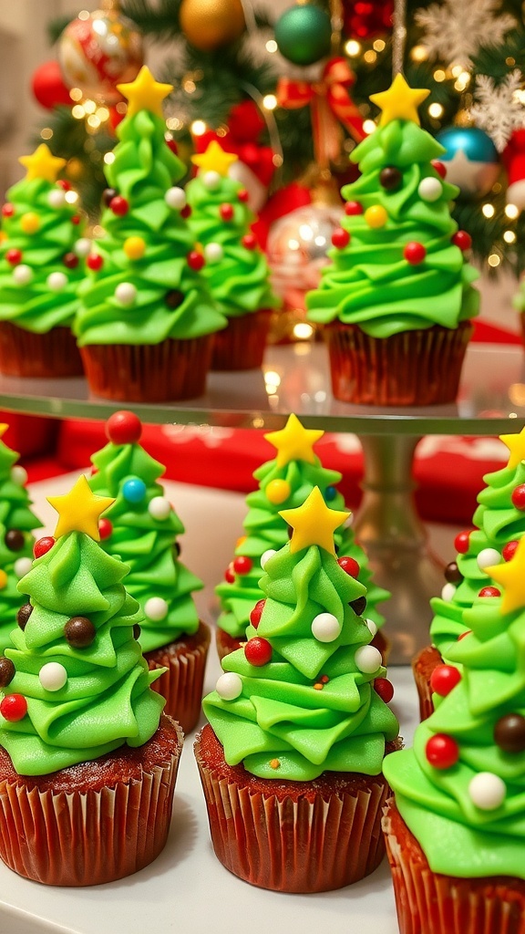 A platter of Christmas tree cupcakes with green frosting and candy decorations, surrounded by holiday decor.